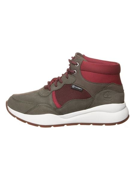 Timberland Skórzane botki "Boroughs" w kolorze oliwkowo-czerwonym rozmiar: 37. Brązowe botki Timberland, bez wzorów, z nubiku, bez obcasa, na platformie, bez zapięcia. Za 202.50 zł.