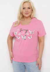 Różowy Bawełniany T-shirt Koszulka z Krótkim Rękawem z Nadrukiem i Cyrkoniami Qumara. Czerwone t-shirty Born2be, xl, z aplikacjami, z bawełny, klasyczne, bez kołnierzyka, bez ramiączek. Za 49.99 zł.
