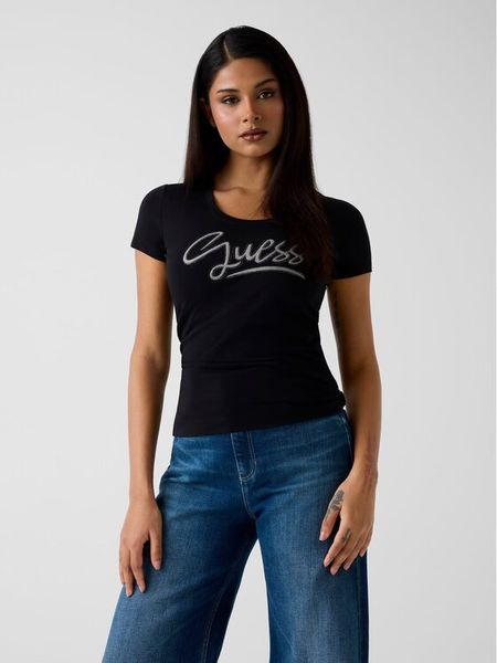 Guess T-Shirt W6RI24 J1314 Czarny Regular Fit. Czarne t-shirty Guess, m, z aplikacjami, z bawełny, bez kołnierzyka, bez ramiączek. Za 109.99 zł.