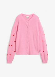 Sweter rozpinany z haftem w serca. Czerwone swetry bonprix, bez wzorów, bez ramiączek. Za 149.99 zł.