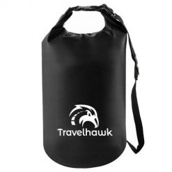 Drybag – wodoodporna torba na zewnątrz i w podróży – 20 litrów. Czarne torby na laptopa TRAVELHAWK, bez wzorów, z materiału, na ramię. Za 15.95 zł.