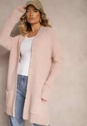 Jasnoróżowy Długi Kardigan Bez Zapięć z Obniżoną Linią Ramion i Kieszeniami Viatha. Czerwone swetry Renee, m, bez wzorów, z jeansu, eleganckie, bez ramiączek. W wyprzedaży za 119.99 zł.