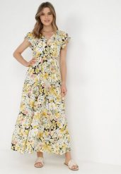 Żółto-Czarna Sukienka Chionassa. Żółte sukienki Born2be, l, bez wzorów, z materiału, bez kołnierzyka, bez ramiączek, maxi, kopertowe. Za 139.99 zł.