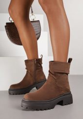 Brązowe Marszczone Botki na Grubej Podeszwie Catrie. Brązowe botki Born2be, bez wzorów, z jeansu, biznesowe, bez obcasa, na płaskiej podeszwie, bez zapięcia. Za 139.99 zł.