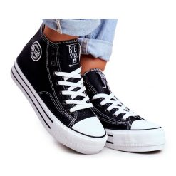 Trampki Damskie Big Star Czarne GG274012. Czarne trampki bez wzorów, z materiału, klasyczne, bez zapięcia. Za 227.30 zł.
