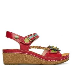 Sandały Laura Vita. Czerwone sandały LAURA VITA, bez wzorów, bez obcasa, na koturnie, bez zapięcia. Za 429.99 zł.