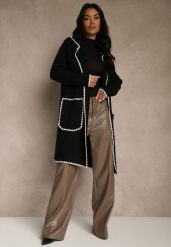 Czarny Kardigan z Haftowaną Lamówką Tuscele. Czarne swetry Renee, s, bez wzorów, z jeansu, eleganckie, bez ramiączek. Za 129.99 zł.