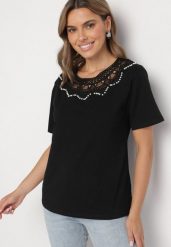 Czarny T-shirt Oversize z Ozdobną Koronką i Perłami Elanoriel. Czarne t-shirty Born2be, l, bez wzorów, z koronki, klasyczne, bez kołnierzyka, bez ramiączek. Za 69.99 zł.