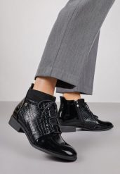 Czarne Sznurowane Botki Vices w Eleganckim Stylu Viellie. Czarne botki Born2be, z aplikacjami, z jeansu, biznesowe, bez obcasa, na płaskiej podeszwie, bez zapięcia. Za 109.99 zł.