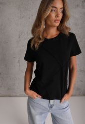 Czarny Bawełniany T-shirt o Klasycznym Kroju z Ozdobnymi Przeszyciami w Romby Luara. Czarne t-shirty Renee, l, bez wzorów, z bawełny, casualowe, bez kołnierzyka, bez ramiączek. Za 59.99 zł.