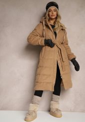 Beżowa Kurtka z Kapturem Paskiem i Rozcięciami na Napy Zdobiona Pikowanymi Przeszyciami Semandira. Brązowe kurtki Renee, l, z aplikacjami, eleganckie, z kapturem. Za 269.99 zł.