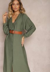 Ciemnozielona Sukienka w Stylu Koszulowym z Bufiastymi Rękawami i Wiskozą Denisea. Zielone sukienki Renee, na spotkanie biznesowe, bez wzorów, z tkaniny, eleganckie, bez kołnierzyka, bez ramiączek, midi, koszulowe. W wyprzedaży za 83.99 zł.