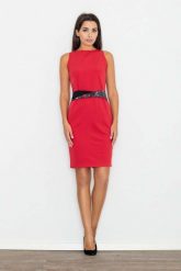 Czerwona Sukienka Wizytowa Bodycon z Kontrastową Szarfą. Czerwone sukienki Figl, s, bez wzorów, z materiału, wizytowe, bez kołnierzyka, bez ramiączek, bodycon. Za 249.00 zł.