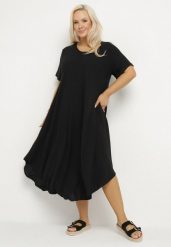 Czarna Rozkloszowana Sukienka z Bawełną Elzedia. Czarne sukienki Born2be, na co dzień, xl, bez wzorów, z bawełny, eleganckie, bez kołnierzyka, bez ramiączek, midi, rozkloszowane. W wyprzedaży za 63.74 zł.