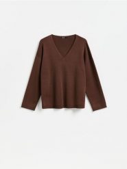 Sweter z lyocellem - ciemnobrązowy. Brązowe swetry Reserved, l, bez wzorów, z dzianiny, bez ramiączek. Za 139.99 zł.