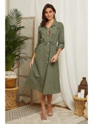 Lin Passion Lniana sukienka w kolorze khaki rozmiar: 40/42. Brązowe sukienki Lin Passion, bez wzorów, ze lnu, klasyczne, bez kołnierzyka, bez ramiączek, midi, rozkloszowane. Za 220.63 zł.