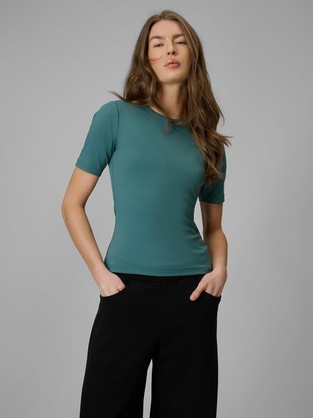 4F T-shirt slim gładki damski - turkusowy M. Niebieskie t-shirty 4f, m, bez wzorów, z materiału, bez kołnierzyka, bez ramiączek. Za 79.99 zł.