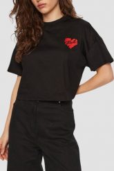 KARL LAGERFELD Czarny damski top Hearts Cropped. Czarne topy KARL LAGERFELD, xs, bez wzorów, z materiału, bez kołnierzyka, bez ramiączek. W wyprzedaży za 329.99 zł.