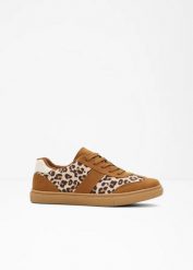 Sneakersy ze wzorem w panterkę. Brązowe buty sportowe lifestyle bonprix, bez wzorów, sportowe, bez zapięcia. Za 109.99 zł.