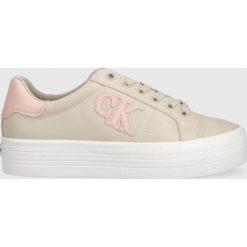 Calvin Klein Jeans sneakersy skórzane Vulc Flatform Laceup Low kolor beżowy. Brązowe buty sportowe lifestyle Calvin Klein Jeans, bez wzorów, z jeansu, sportowe, z okrągłym noskiem, bez zapięcia. Za 459.99 zł.