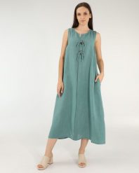 Lniana sukienka z guzikami. Zielone sukienki Unisono, l, z aplikacjami, z tkaniny, bez kołnierzyka, bez ramiączek, midi, rozkloszowane. Za 279.00 zł.