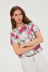 Bluzka w kwiaty z wiązaniem oliwkowa. Zielone bluzki MOODO, bez wzorów, z elastanu, bez kołnierzyka, bez ramiączek. Za 79.99 zł.