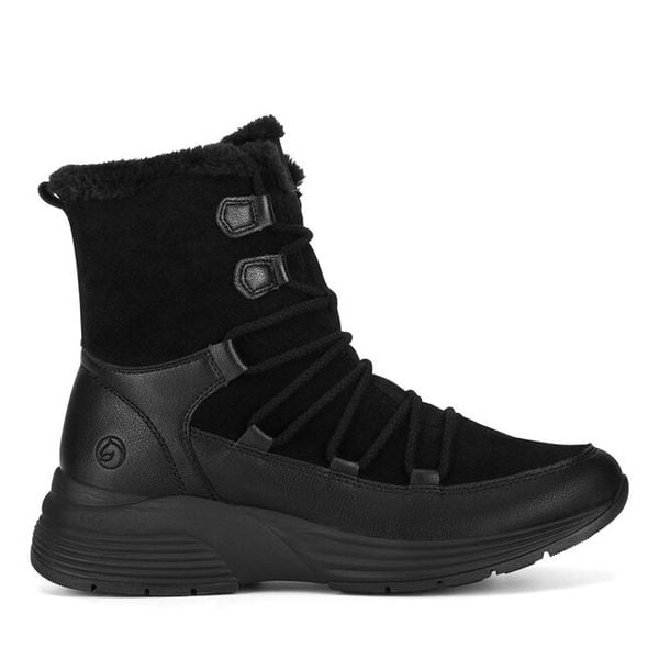 Trzewiki Remonte. Czarne botki Remonte, bez wzorów, bez obcasa, na płaskiej podeszwie, bez zapięcia. Za 375.99 zł.