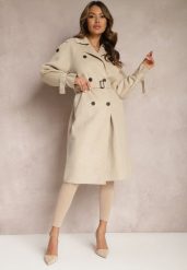 Beżowy Płaszcz o Dwurzędowym Fasonie z Paskiem Nivela. Brązowe płaszcze Renee, m, bez wzorów, z jeansu, eleganckie, bez kaptura. W wyprzedaży za 219.99 zł.