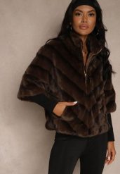 Brązowa Trapezowa Kurtka Futerko z Rękawami Długości 3/4 Tadeva. Brązowe kurtki Renee, m, bez wzorów, z futra, eleganckie, bez kaptura. Za 269.99 zł.