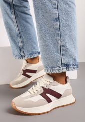 Beżowo-Bordowe Płaskie Buty Sportowe Sneakersy z Geometrycznym Wzorem Nawla. Brązowe buty sportowe lifestyle Born2be, bez wzorów, bez zapięcia. W wyprzedaży za 76.49 zł.