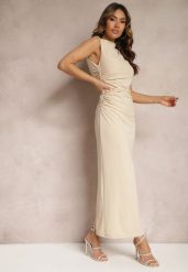 Beżowa Sukienka Bodycon o Dopasowanym Fasonie Bez Rękawów z Drapowaniem Roxelina. Brązowe sukienki Renee, m, bez wzorów, bez kołnierzyka, bez ramiączek, maxi, bodycon. W wyprzedaży za 111.99 zł.