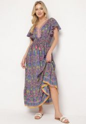 Granatowo-Różowa Sukienka w Stylu Boho z Cienkimi Gumkami w Pasie Ozdobiona Frędzlami Vitessa. Czerwone sukienki Born2be, s, bez wzorów, boho, bez kołnierzyka, bez ramiączek, maxi. Za 99.99 zł.