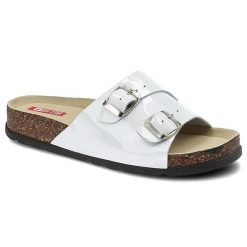 Klapki damskie Big Star, materiał syntetyczny z szerokimi paskami regulowanymi klamrami profilowaną wkładką, białe, JJ276041. Białe klapki BIG STAR, bez wzorów, z lakierowanej skóry, retro, bez obcasa, bez zapięcia. Za 109.00 zł.