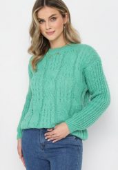 Ciemnozielony Klasyczny Sweter z Modnym Splotem Viloma. Zielone swetry Born2be, m, bez wzorów, ze splotem, klasyczne, bez ramiączek. W wyprzedaży za 67.99 zł.