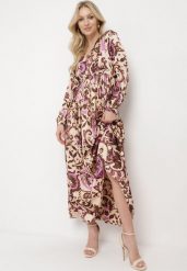 Beżowo-Fioletowa Satynowa Sukienka Maxi w Ornamentalny Wzór z Gumką w Talii Lainare. Brązowe sukienki Born2be, l, bez wzorów, z materiału, bez kołnierzyka, bez ramiączek, maxi. W wyprzedaży za 125.99 zł.