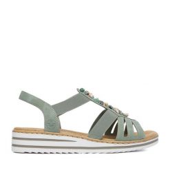 Sandały Rieker. Zielone sandały Rieker, bez wzorów, bez obcasa, na koturnie, bez zapięcia. Za 319.99 zł.