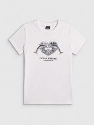 4F T-shirt regular z nadrukiem damski - biały M. Białe t-shirty 4f, m, bez wzorów, z bawełny, klasyczne, bez kołnierzyka, bez ramiączek. Za 59.99 zł.