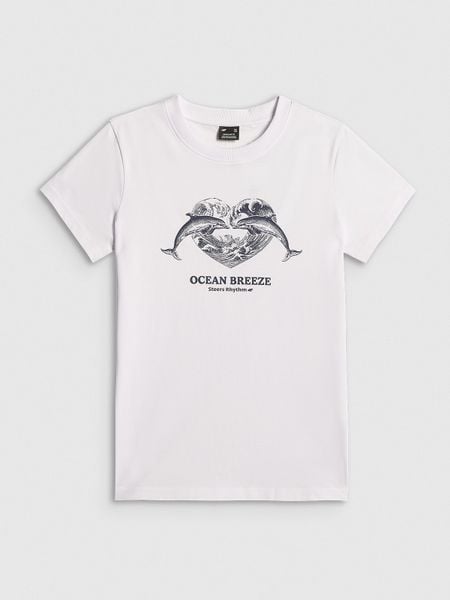 4F T-shirt regular z nadrukiem damski - biały M. Białe t-shirty 4f, m, bez wzorów, z bawełny, bez ramiączek. Za 59.99 zł.