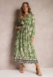 Zielona Sukienka Koszulowa Rozkloszowana z Wiązaniem Vern. Zielone sukienki Renee, na co dzień, l, bez wzorów, eleganckie, bez kołnierzyka, bez ramiączek, maxi, koszulowe. W wyprzedaży za 91.99 zł.