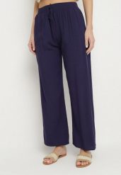 Granatowe Wiskozowe Szerokie Spodnie z Wysokim Stanem Ozdobione Wiązaniem Lisozi. Niebieskie jeansy Born2be, bez wzorów, z jeansu, eleganckie, z podwyższonym stanem. Za 59.99 zł.