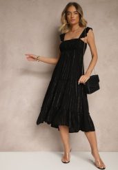 Czarna Rozkloszowana Sukienka z Wiskozy z Metalicznymi Przeszyciami Iffaria. Czarne sukienki Renee, na co dzień, l, bez wzorów, z jeansu, eleganckie, bez kołnierzyka, bez ramiączek, midi, kopertowe. W wyprzedaży za 99.99 zł.