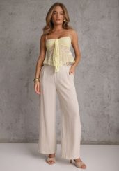 Beżowe Spodnie z Wiskozy High Waist Ozdobione Geometrycznym Motywem Iomane. Brązowe jeansy Renee, l, bez wzorów, z jeansu, casualowe, z podwyższonym stanem. Za 119.99 zł.