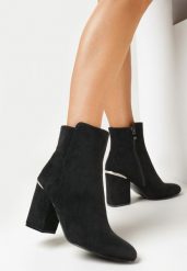 Czarne Botki na Słupku z Metaliczną Wstawką Alessandrina. Czarne botki Born2be, bez wzorów, z materiału, klasyczne, z okrągłym noskiem, bez obcasa, na obcasie, bez zapięcia. Za 99.99 zł.