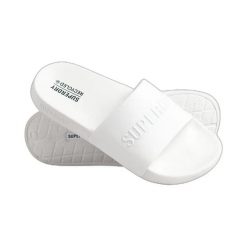 Damskie klapki basenowe z logo Superdry Code. Białe klapki Superdry, bez wzorów, z materiału, klasyczne, bez obcasa, bez zapięcia. Za 141.85 zł.
