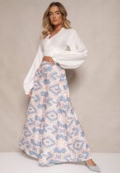 Białe Szerokie Spodnie z Wiskozy High Waist w Geometryczny Wzór Firdexia. Białe jeansy Renee, na lato, l, bez wzorów, z jeansu, eleganckie, z podwyższonym stanem. W wyprzedaży za 47.99 zł.
