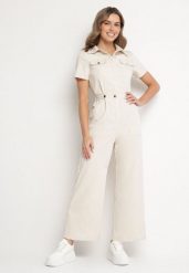 Beżowy Kombinezon na Krótki Rękaw z Kołnierzykiem i Szeroką Nogawką Jenanisela. Brązowe sukienki Born2be, na co dzień, l, bez wzorów, eleganckie, bez kołnierzyka, bez ramiączek, mini. Za 169.99 zł.