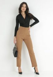 Beżowe Spodnie Cygaretki High Waist Caphe. Brązowe chinosy Born2be, s, bez wzorów, z jeansu, eleganckie, z podwyższonym stanem. Za 129.99 zł.