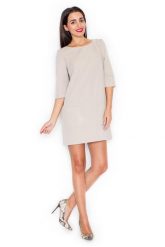Beżowa Trapezowa Sukienka z Nakładanymi Kieszeniami. Brązowe sukienki Katrus, l, bez wzorów, z materiału, bez kołnierzyka, bez ramiączek, trapezowe. Za 219.00 zł.