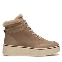 Botki Rieker. Brązowe botki Rieker, bez wzorów, bez obcasa, na płaskiej podeszwie, bez zapięcia. Za 335.00 zł.