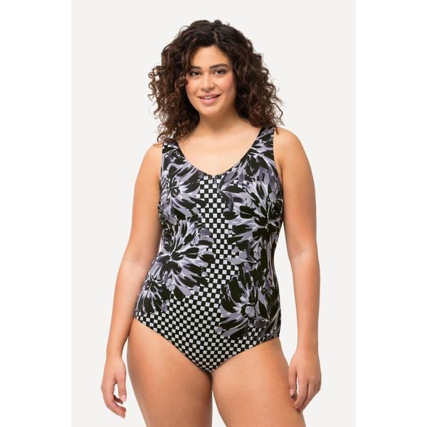 Damski Kostium kąpielowy nadruk patchworkowy bez miękkich miseczek. Czarne stroje jednoczęściowe Ulla Popken, bez wzorów, z poliesteru, sportowe. Za 195.99 zł.
